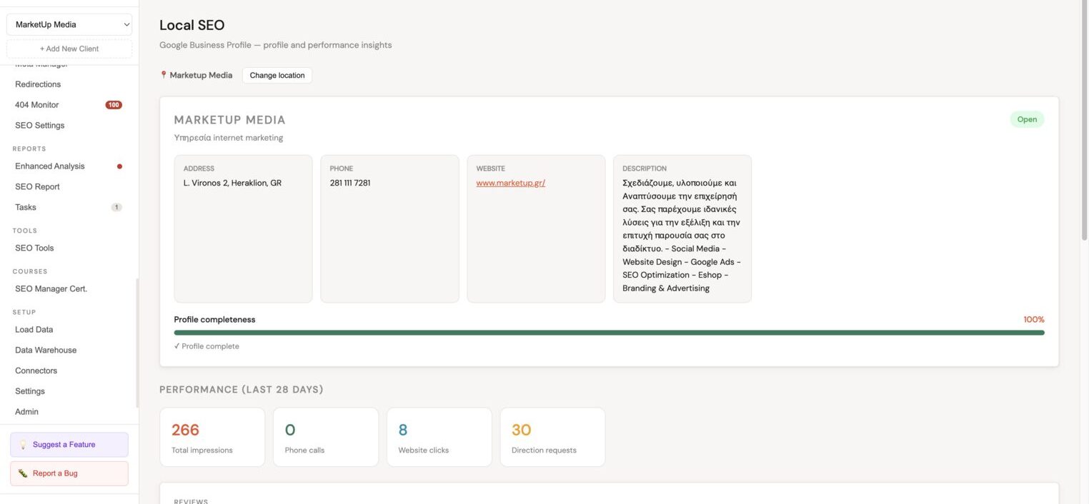 Minorank Local SEO, Google Business Profile overview with performance metrics and review tools