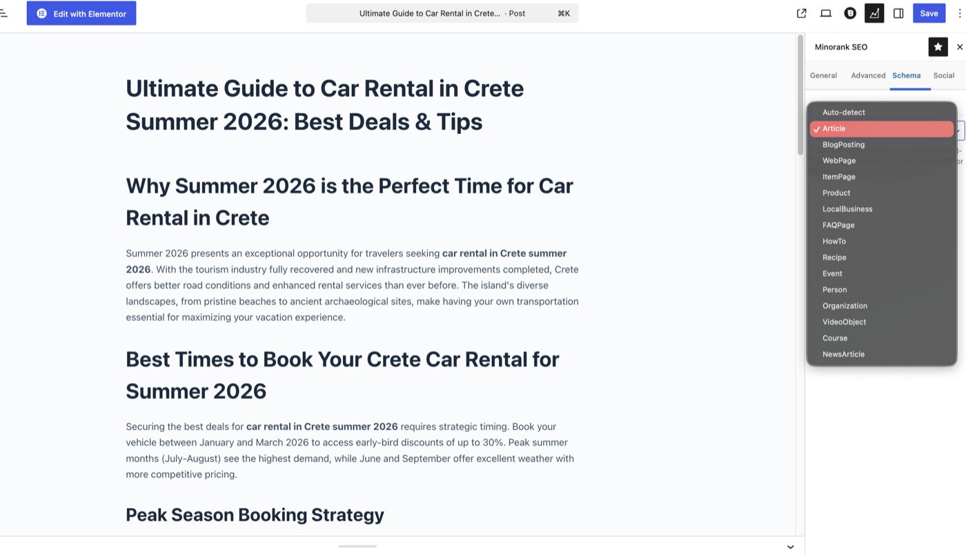 Minorank SEO meta box in the WordPress editor